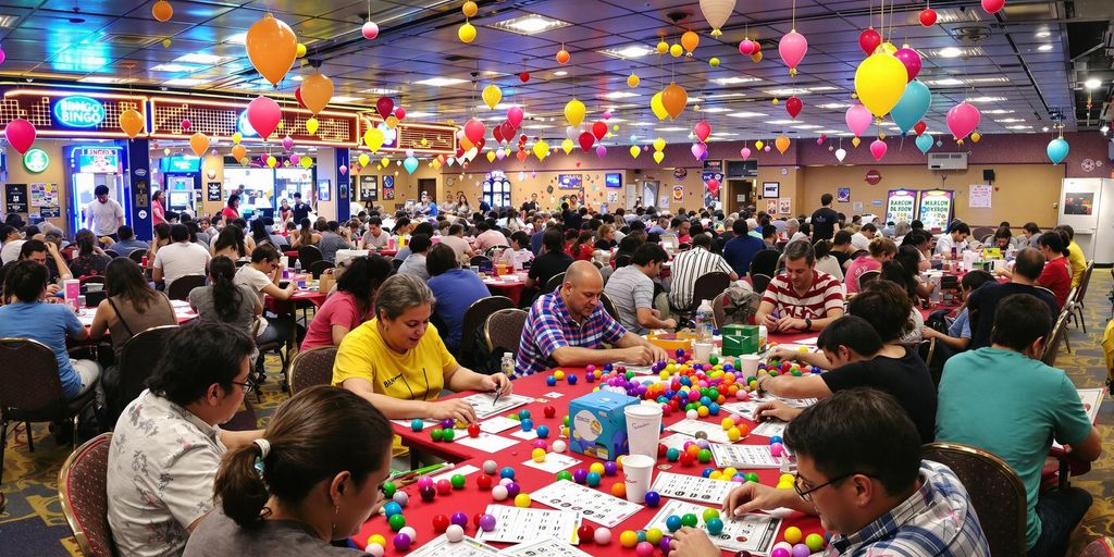 Bingo players enjoying a game in a colorful hall.