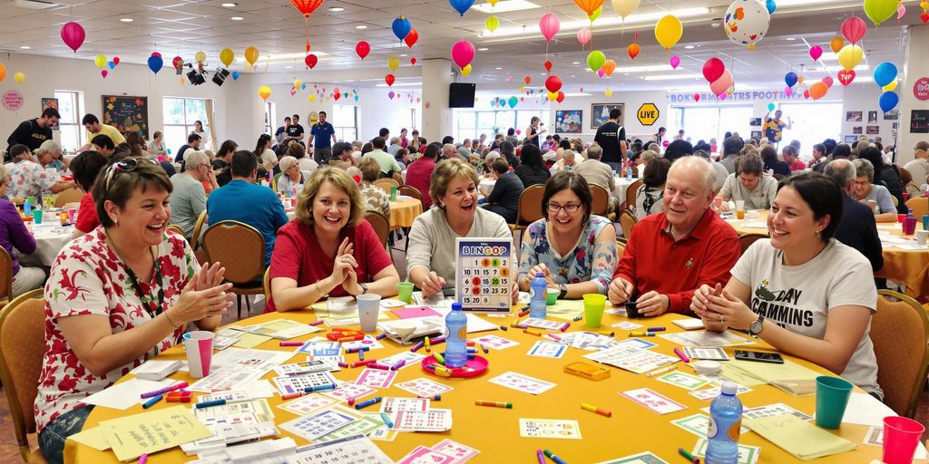 Bingo players enjoying a game in a lively hall.