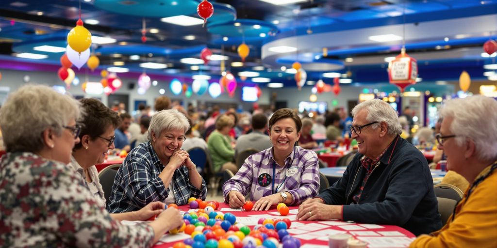 Colorful bingo hall with players and bingo balls.