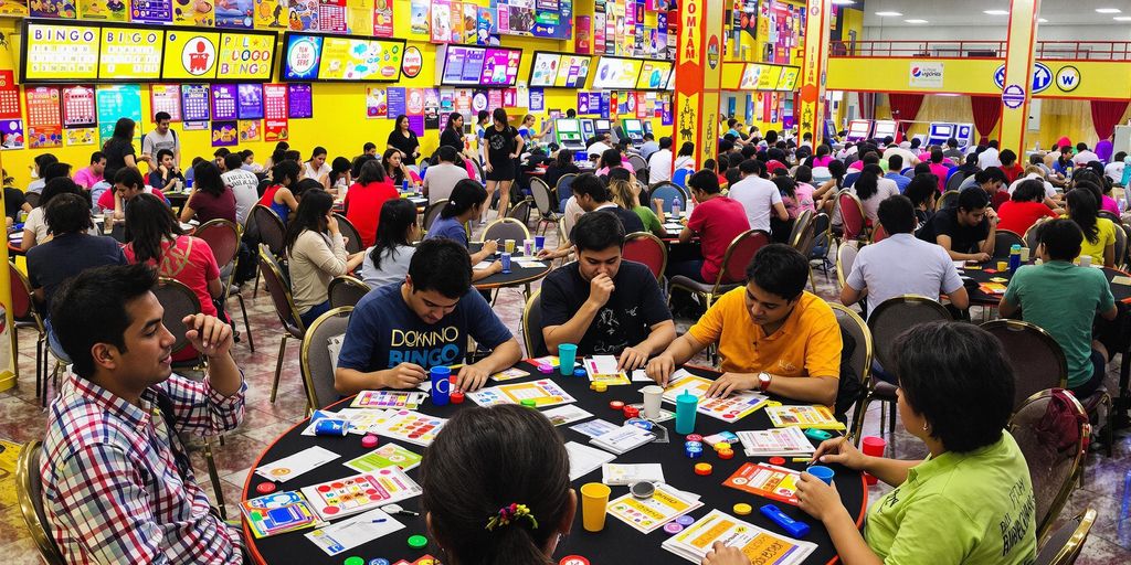 Excited players in a colorful bingo hall in Subic.