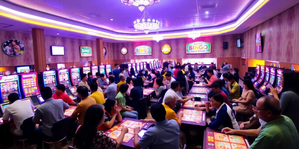 Colorful bingo hall in Sibulan with enthusiastic players.