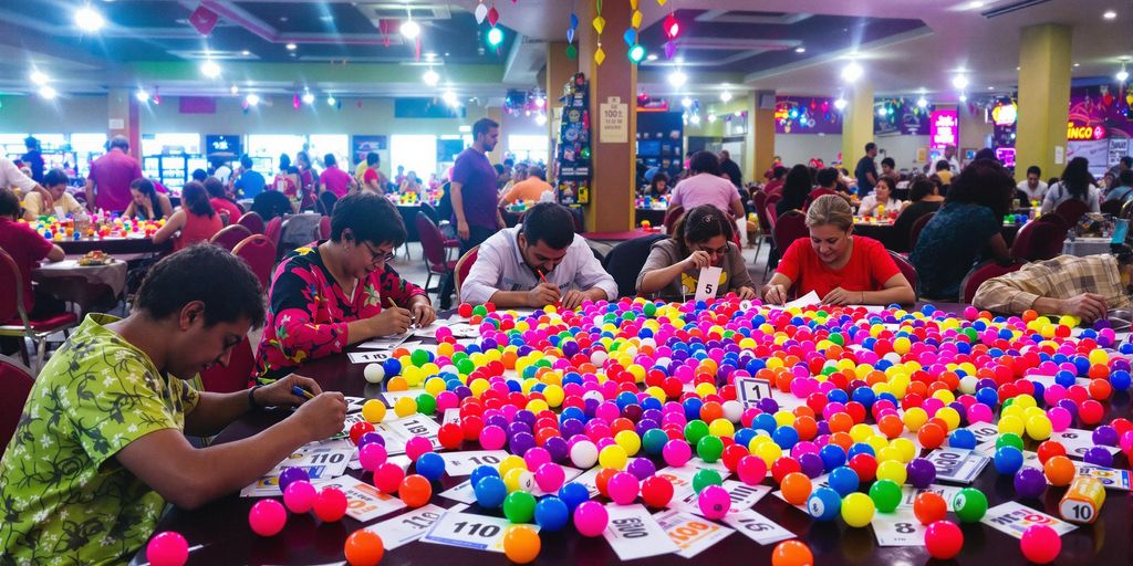 Bingo hall with players and colorful bingo balls.