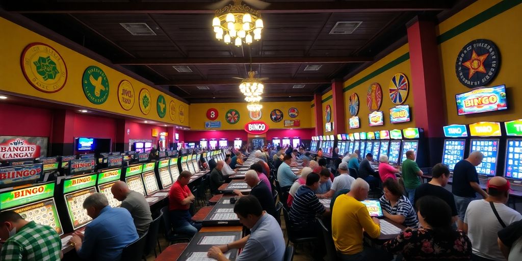 Bingo players engaged in a lively game at a hall.