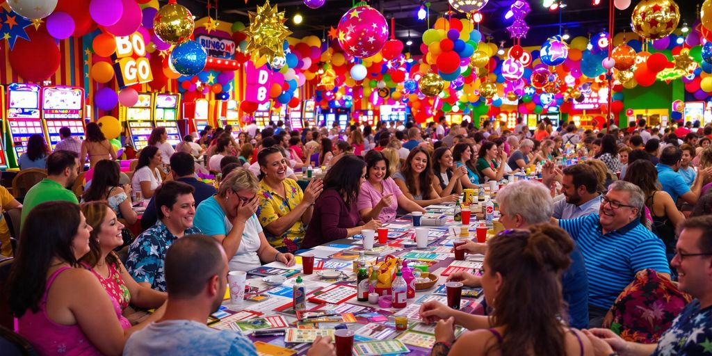 Colorful bingo hall in Borbon with players enjoying.