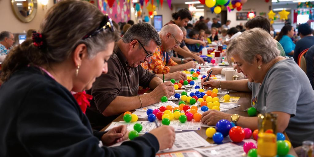 Lively bingo game scene in Cardona with players.