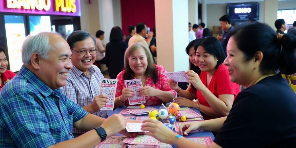 People playing Bingo Plus in Balayan, smiling and engaged.