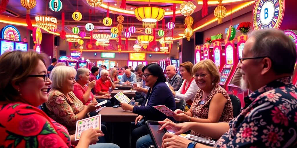 Players enjoying Bingo in a lively game hall.