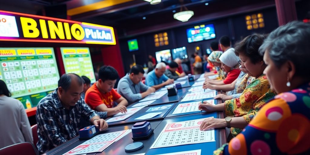 Players enjoying a bingo game with colorful cards.