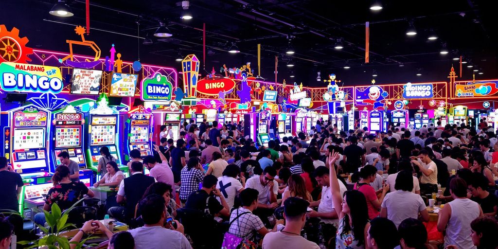 Excited players enjoying bingo in a colorful hall.