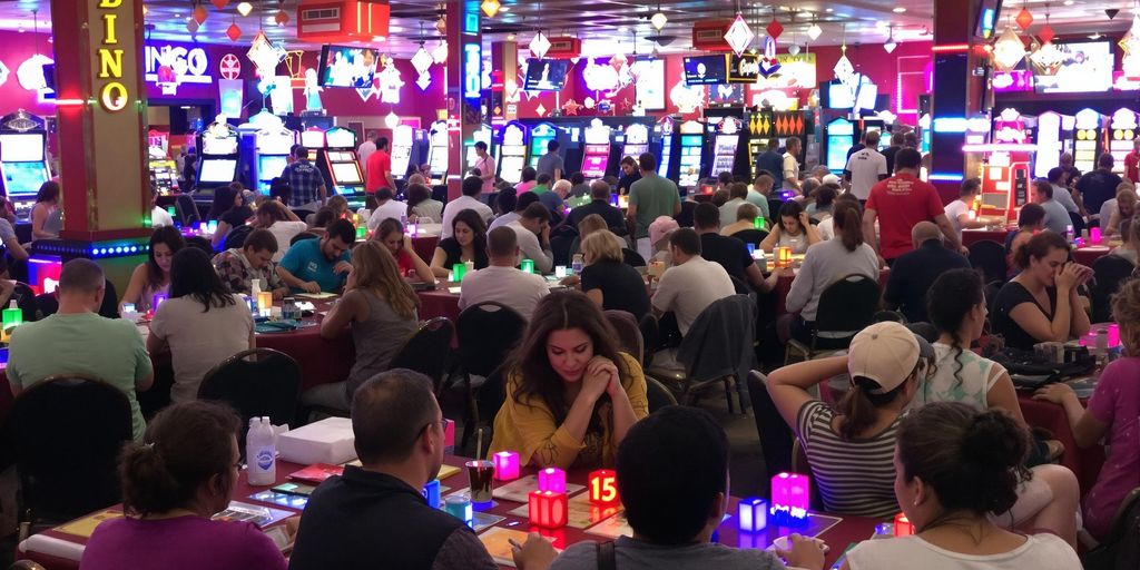 Players enjoying bingo in a lively San Jose hall.