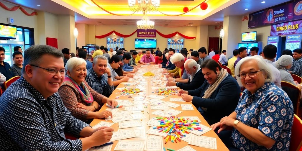 Colorful bingo hall in Tuy with players enjoying game.