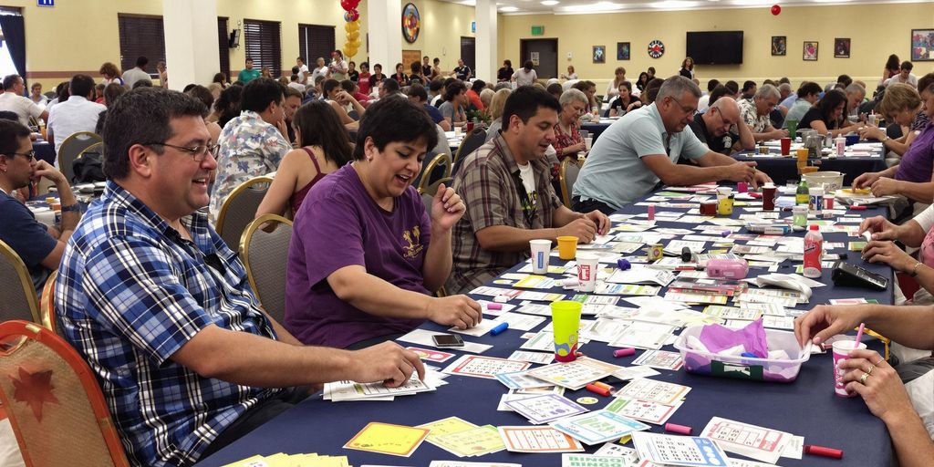 Colorful bingo hall with players enjoying the game.