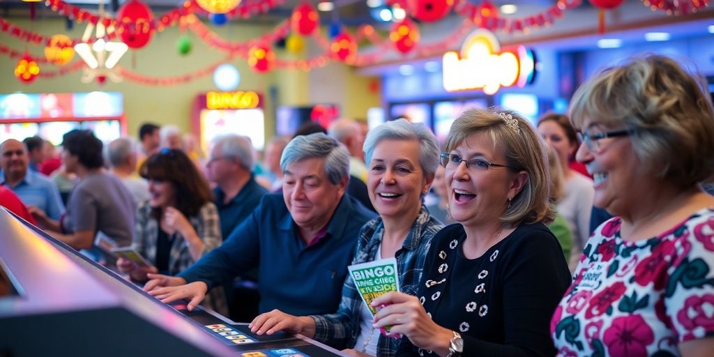 Players excitedly enjoying Bingo Plus game in colorful setting.