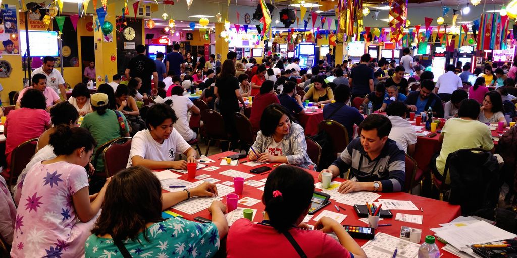 Lively bingo hall in Bacong with players and cards.