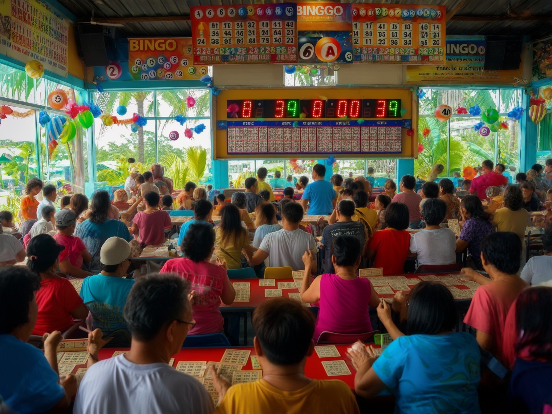 Crowded bingo hall with people playing, colorful decorations, and electronic bingo board displaying numbers.