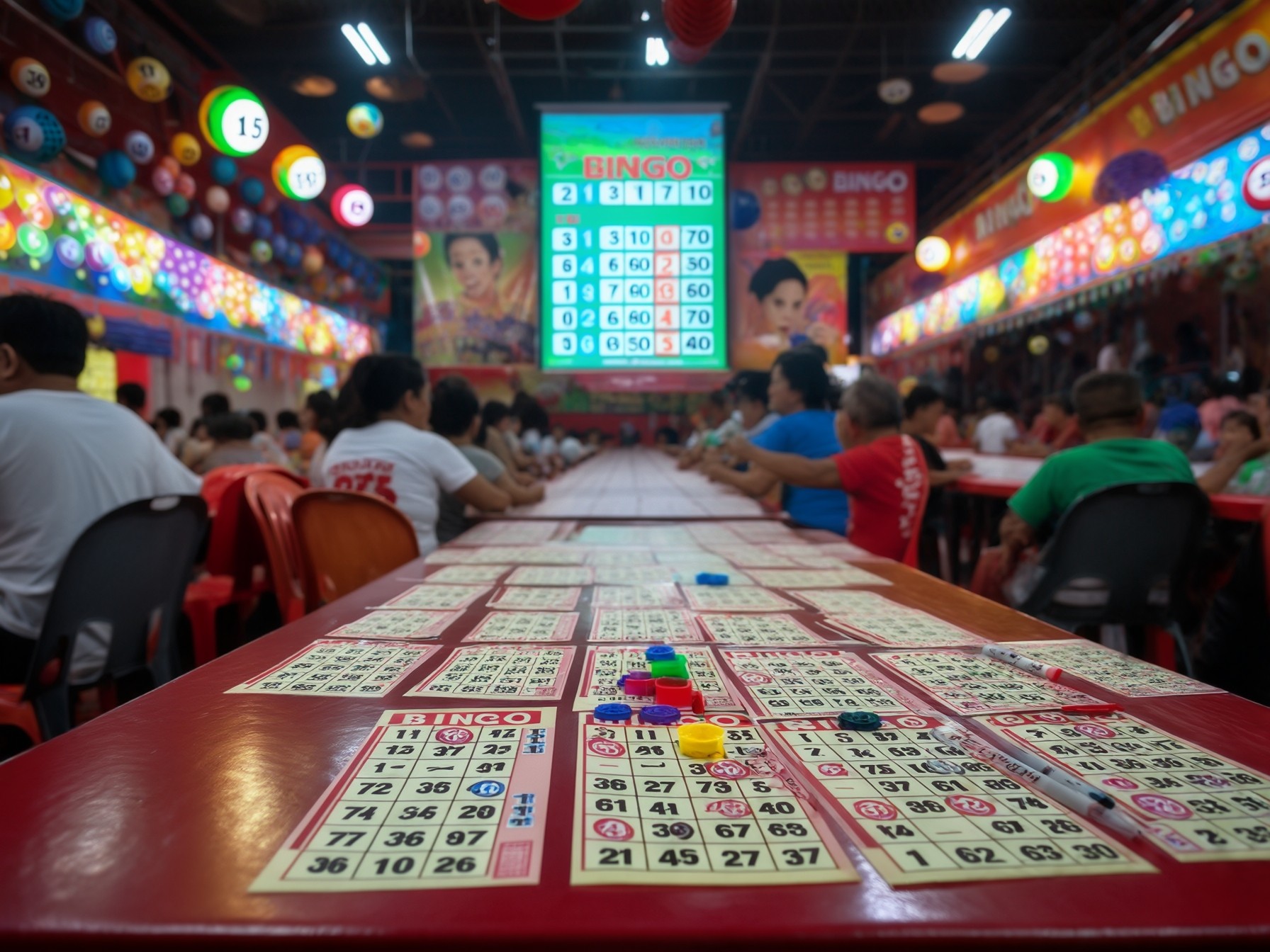 A lively bingo hall with colorful decorations, multiple bingo cards on the table, and players focusing on the game.