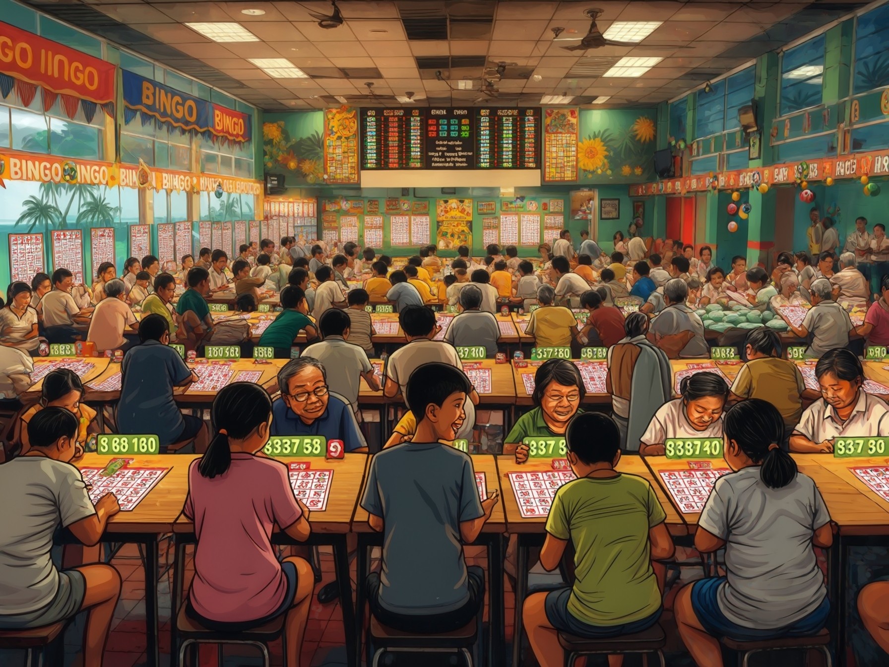 Crowded bingo hall with numerous players concentrated on their bingo cards under bright lights and colorful decor.