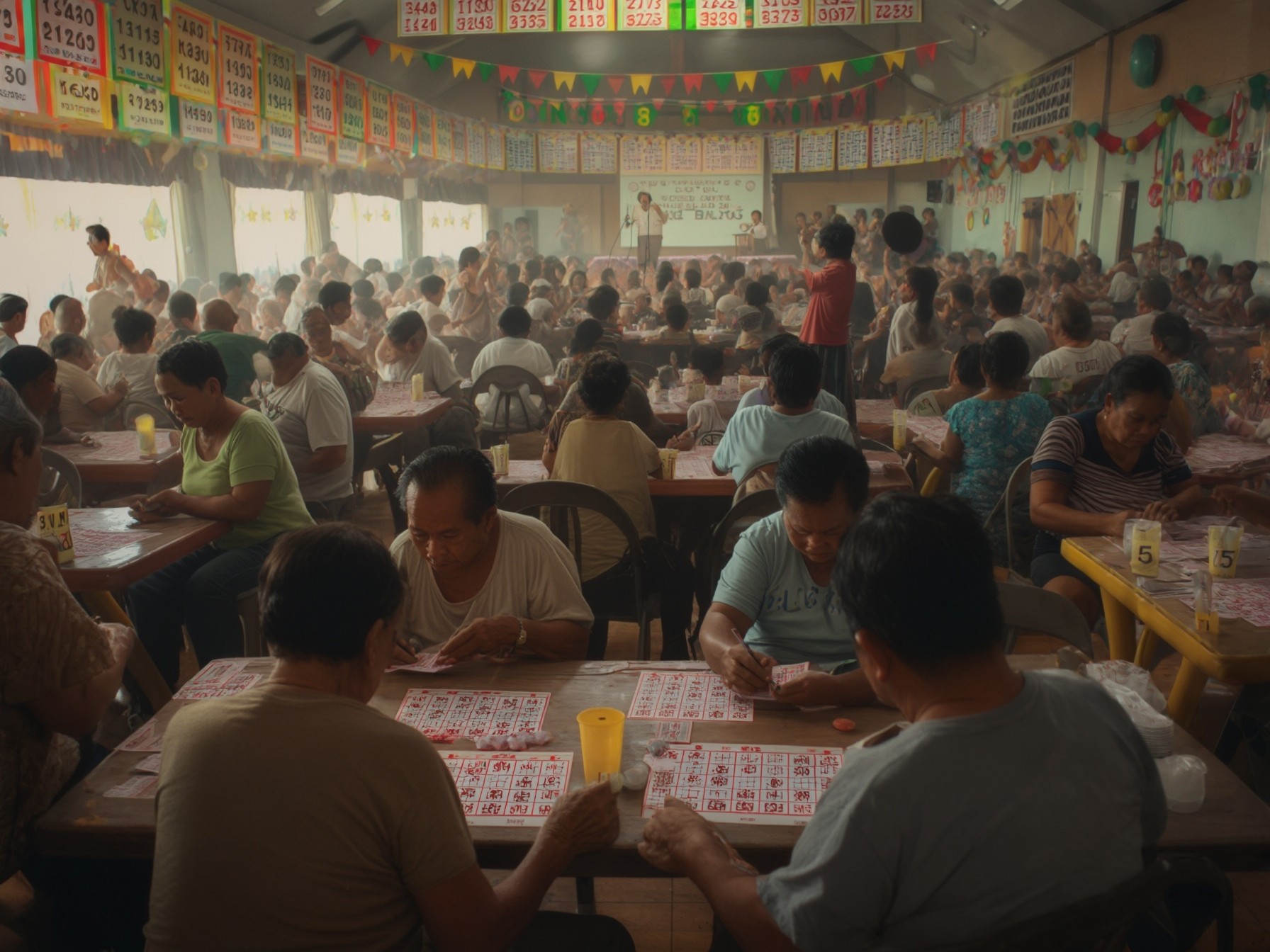 A crowded bingo hall with people intensely focused on their bingo cards, colorful banners and numbers displayed on the walls.