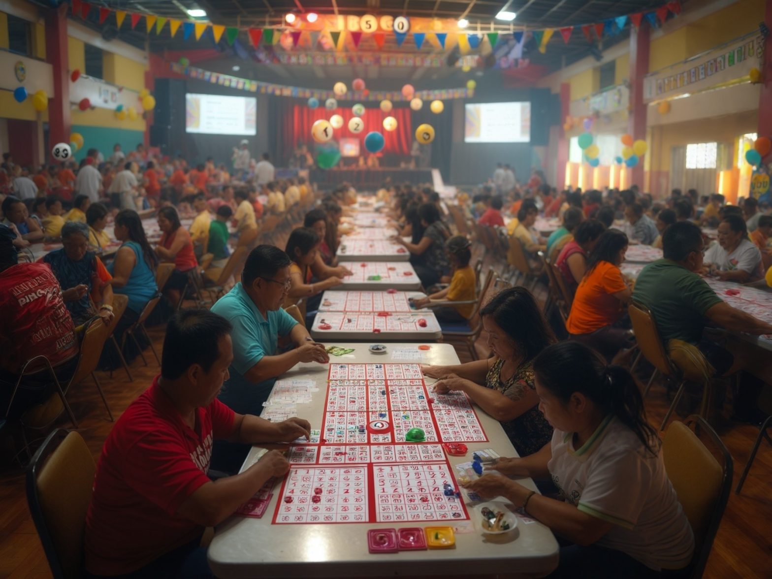 People playing bingo in a crowded community hall decorated with colorful balloons and streamers.
