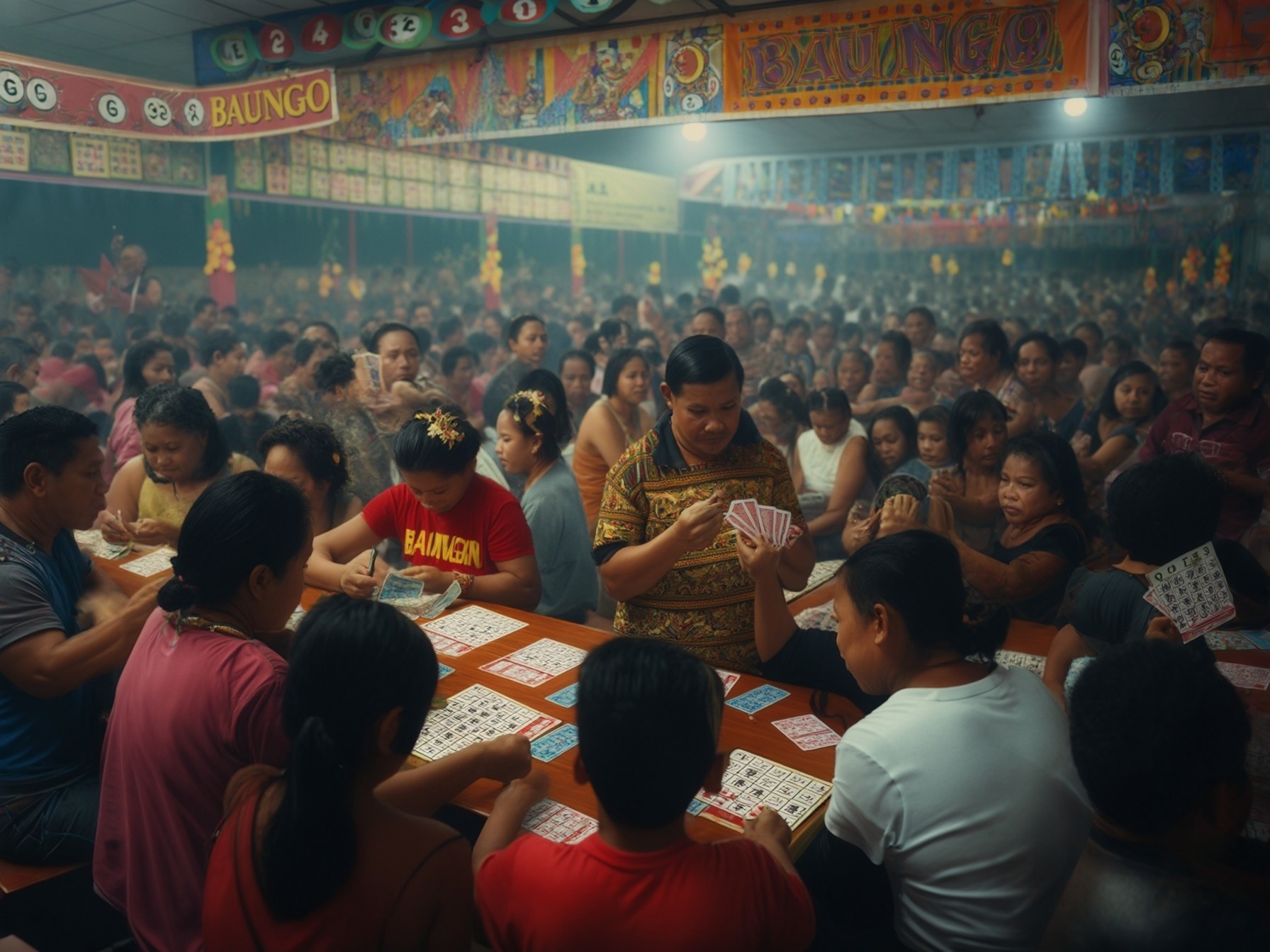 A crowded room of people playing a traditional bingo game, surrounded by colorful decorations and festive atmosphere.