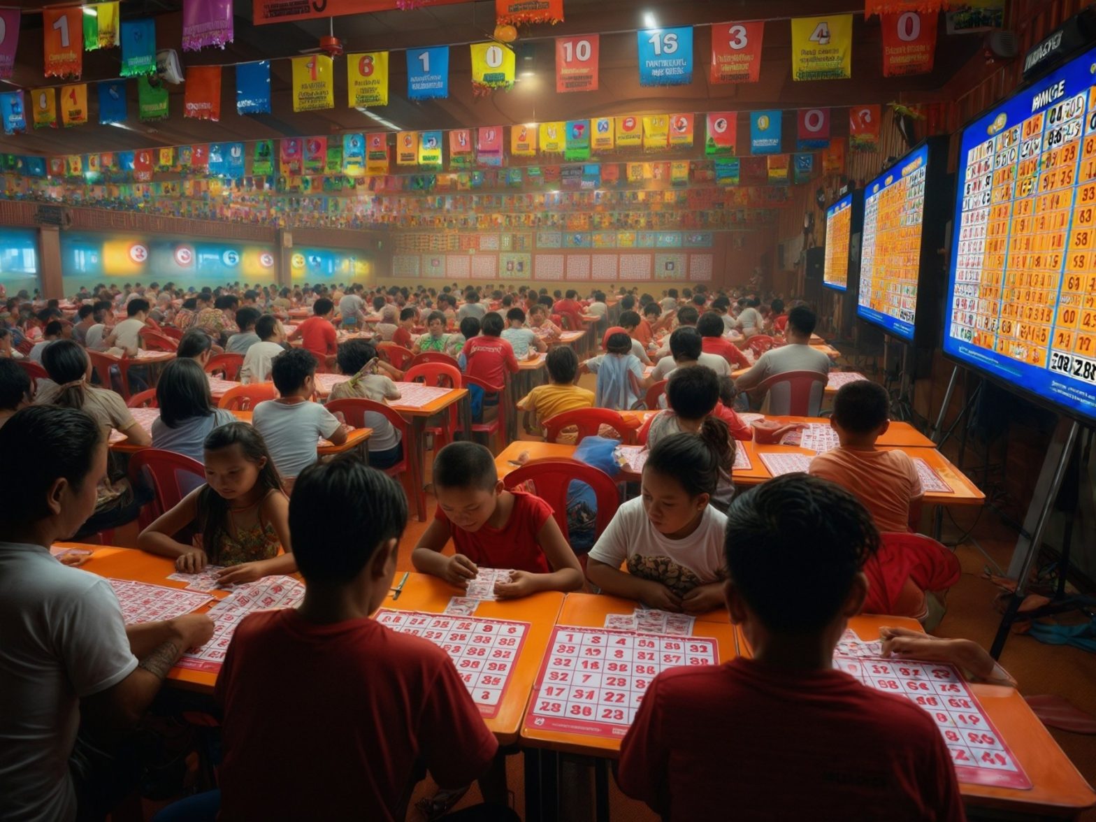 Crowded bingo hall with players focused on cards, colorful banners overhead, large electronic bingo boards displayed.