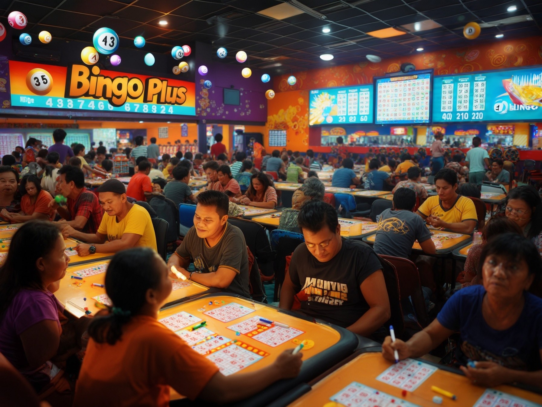 Crowded bingo hall with players engaging in a lively game, vibrant atmosphere and colorful signage, Bingo Plus.