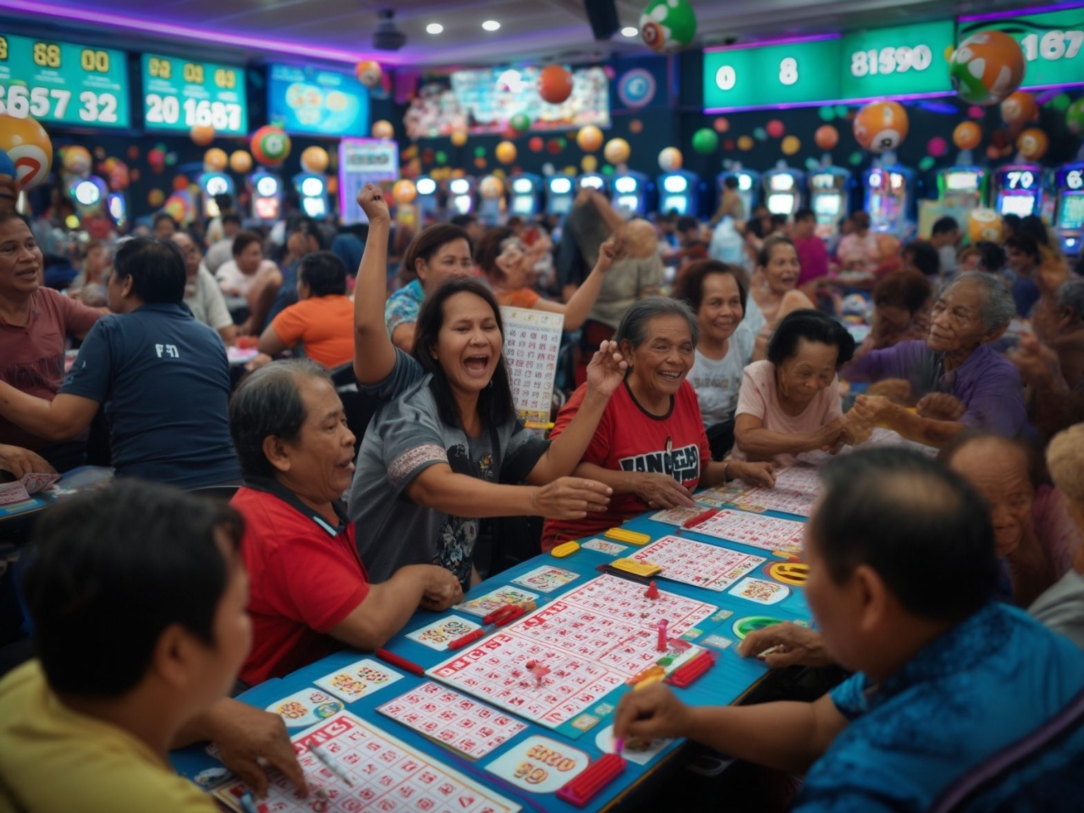 A lively bingo hall crowded with people playing bingo, colorful decorations, and large digital scoreboards in the background.