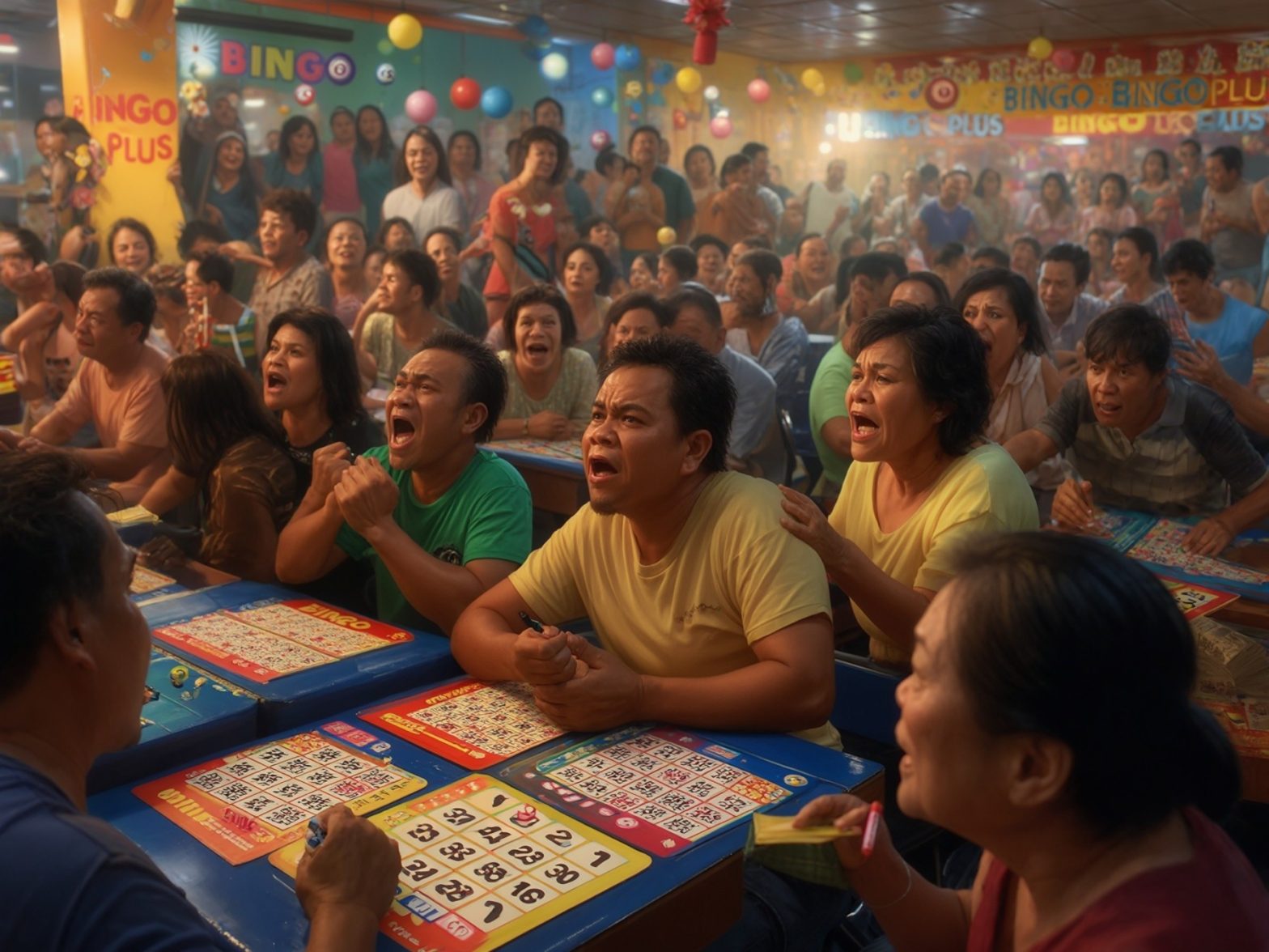 A crowded bingo hall with people intensely focused on their game cards, vibrant decorations in the background.
