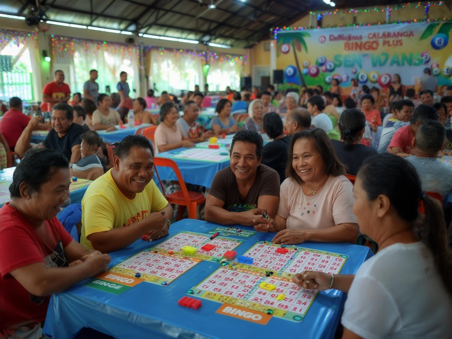 A community bingo event with participants seated at tables, engaged in gameplay in a festive indoor setting.