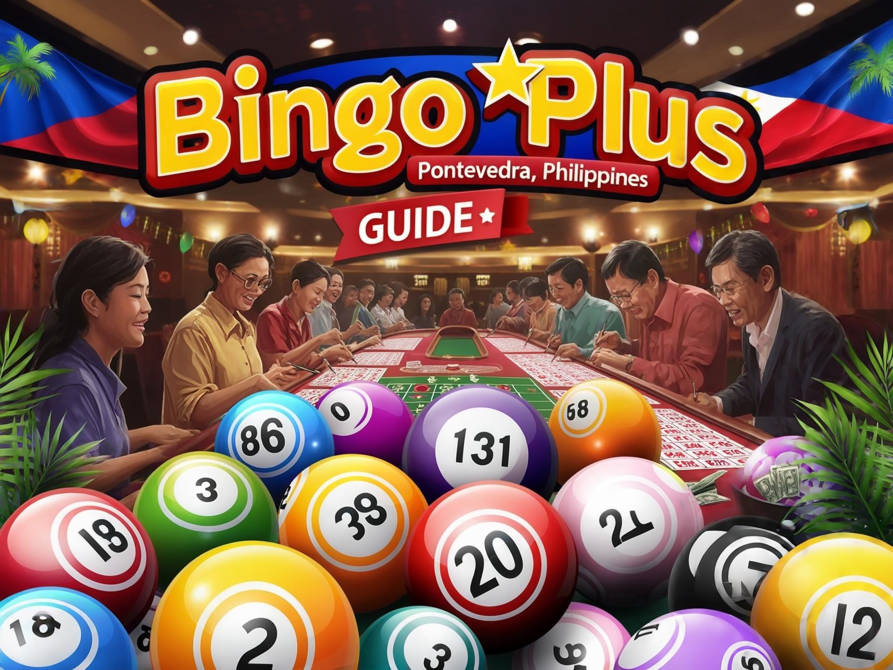 "Bingo Plus guide in Pontevedra, Philippines featuring bingo balls, a vibrant gaming table, and engaged players in a festive setting."