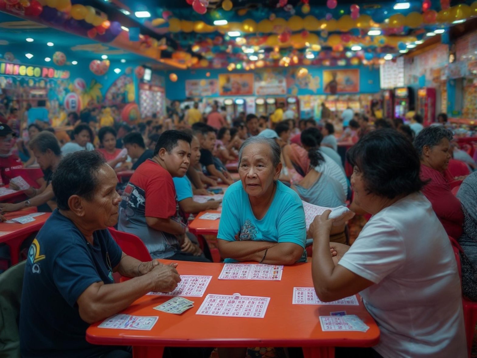 Crowded bingo hall with colorful balloons and red tables, people engaged in a lively bingo game.