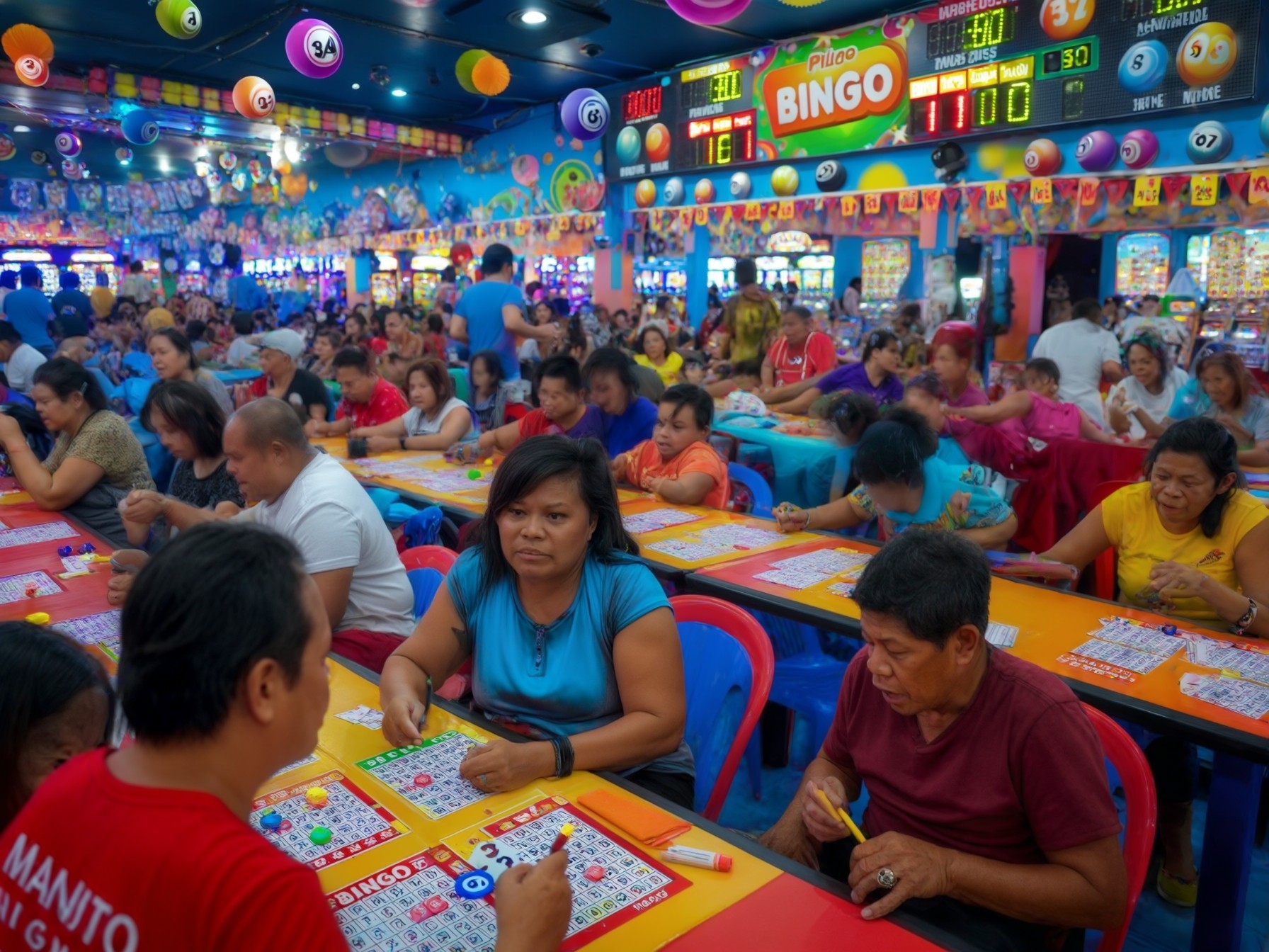 A crowded bingo hall with colorful decorations, players seated at tables, and vibrant gaming atmosphere.