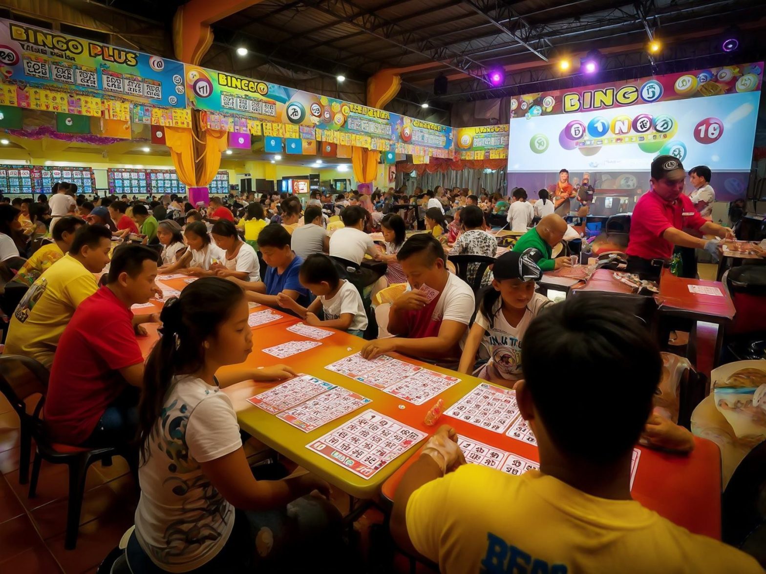 A lively bingo hall filled with people playing bingo under colorful decorations and a large screen.