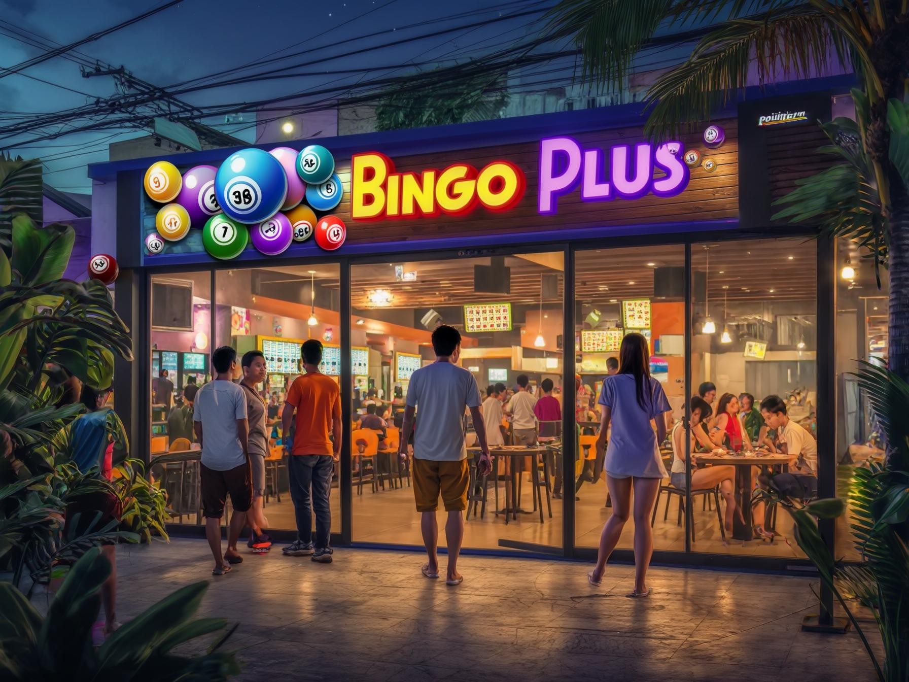 People gathering outside and inside a brightly lit bingo cafe, "Bingo Plus," at night.