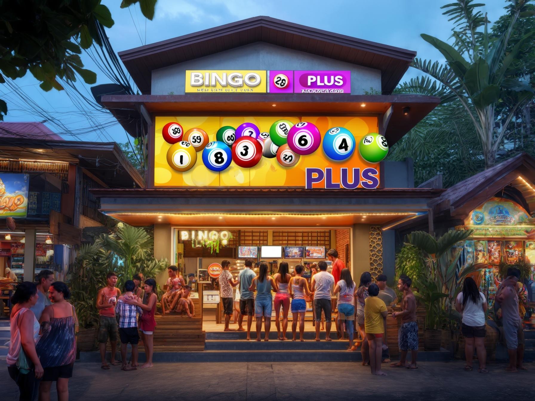 Colorful bingo club exterior with people lined up outside, tropical surroundings, and illuminated signs at dusk.