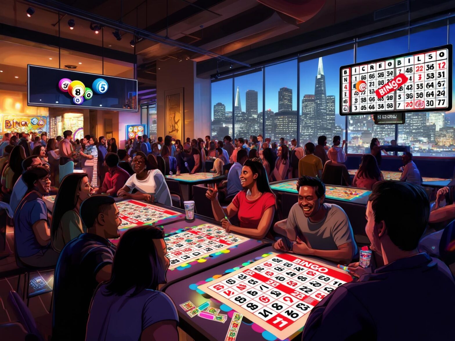 A lively bingo night in a modern venue with a cityscape view, featuring players engaged in the game and a vibrant atmosphere.