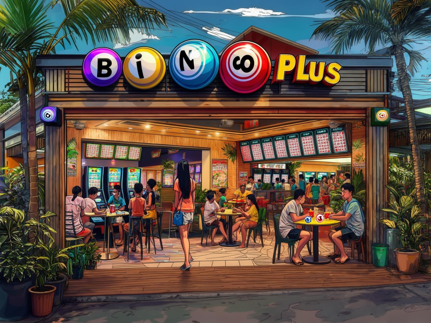 Colorful Bingo Plus venue with people playing games, surrounded by tropical plants, lively atmosphere, and modern gaming screens.