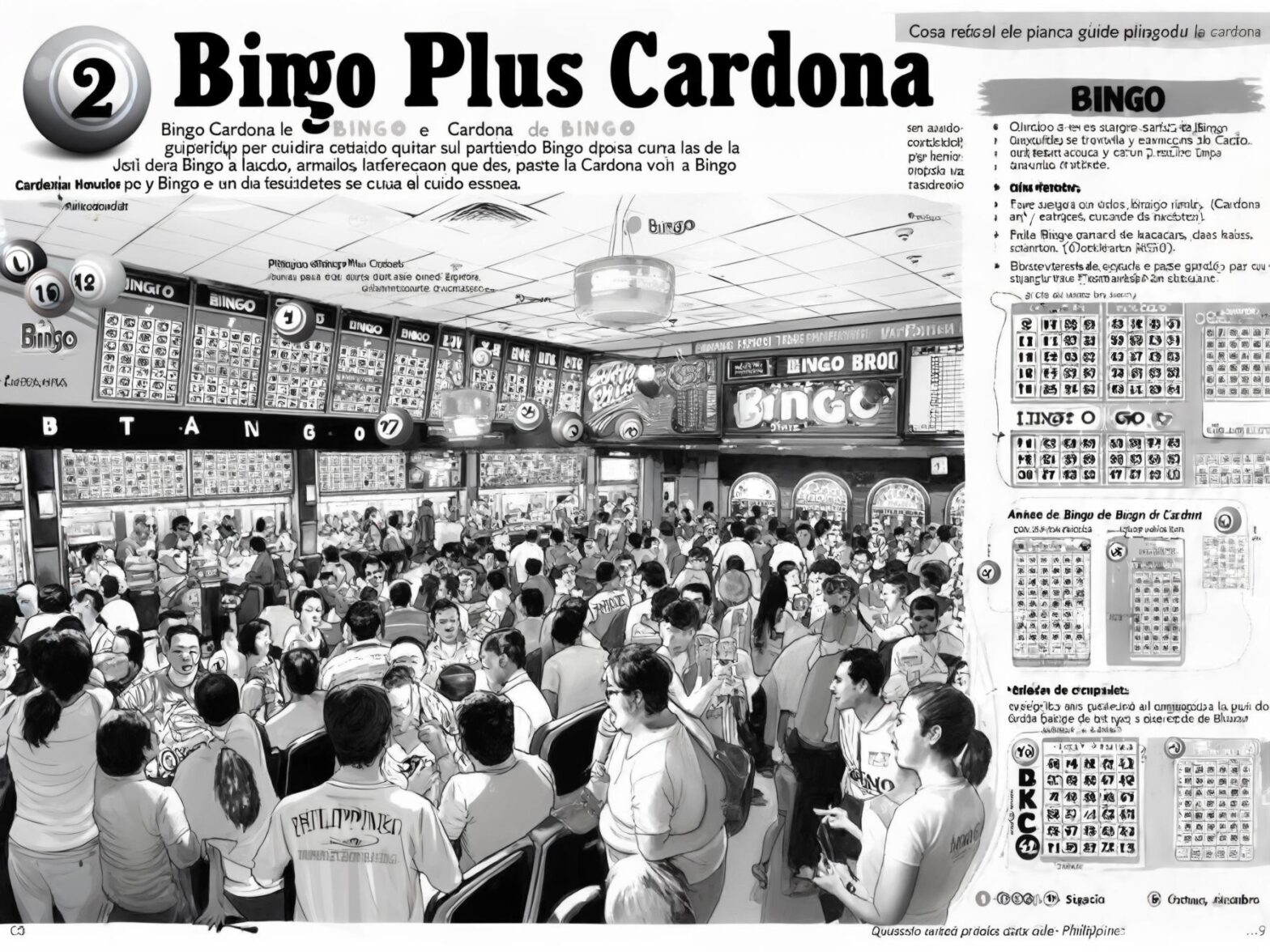 Bingo hall filled with people playing different bingo games; screens display numbers, and players focus on their cards.