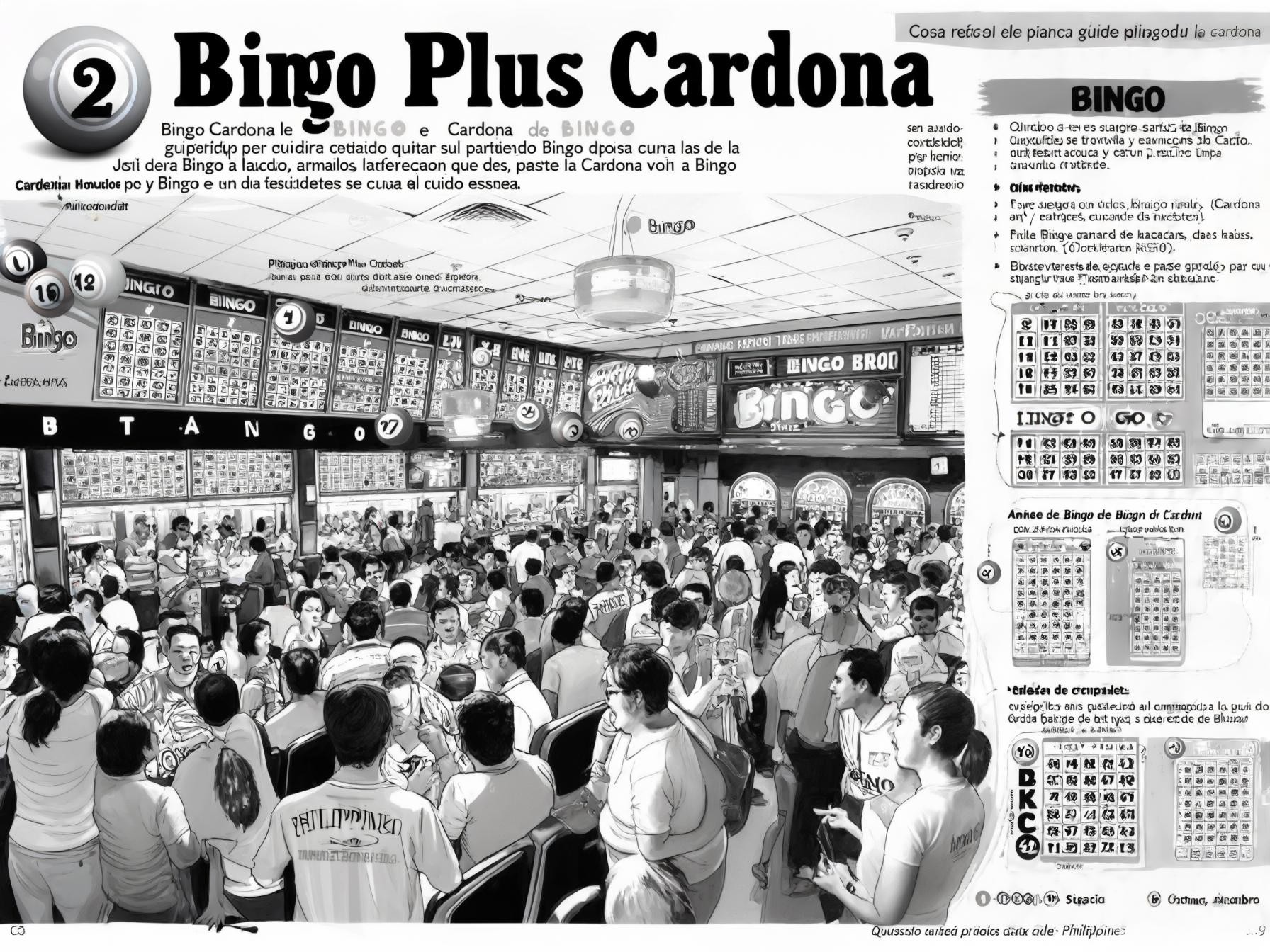 Bingo hall filled with people playing different bingo games; screens display numbers, and players focus on their cards.