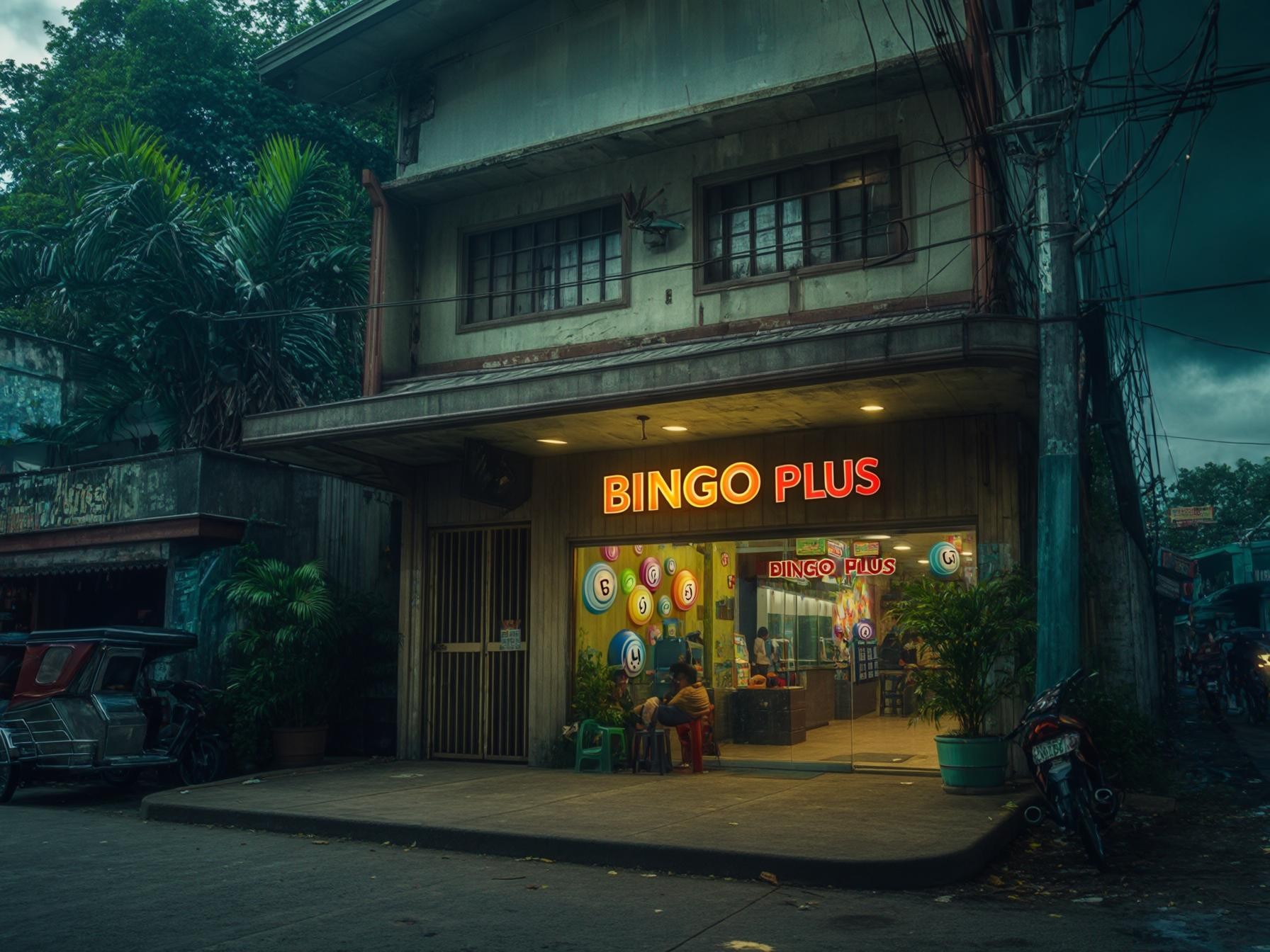 Street view of a small bingo shop named "Bingo Plus" with neon lights in an urban setting during evening time.