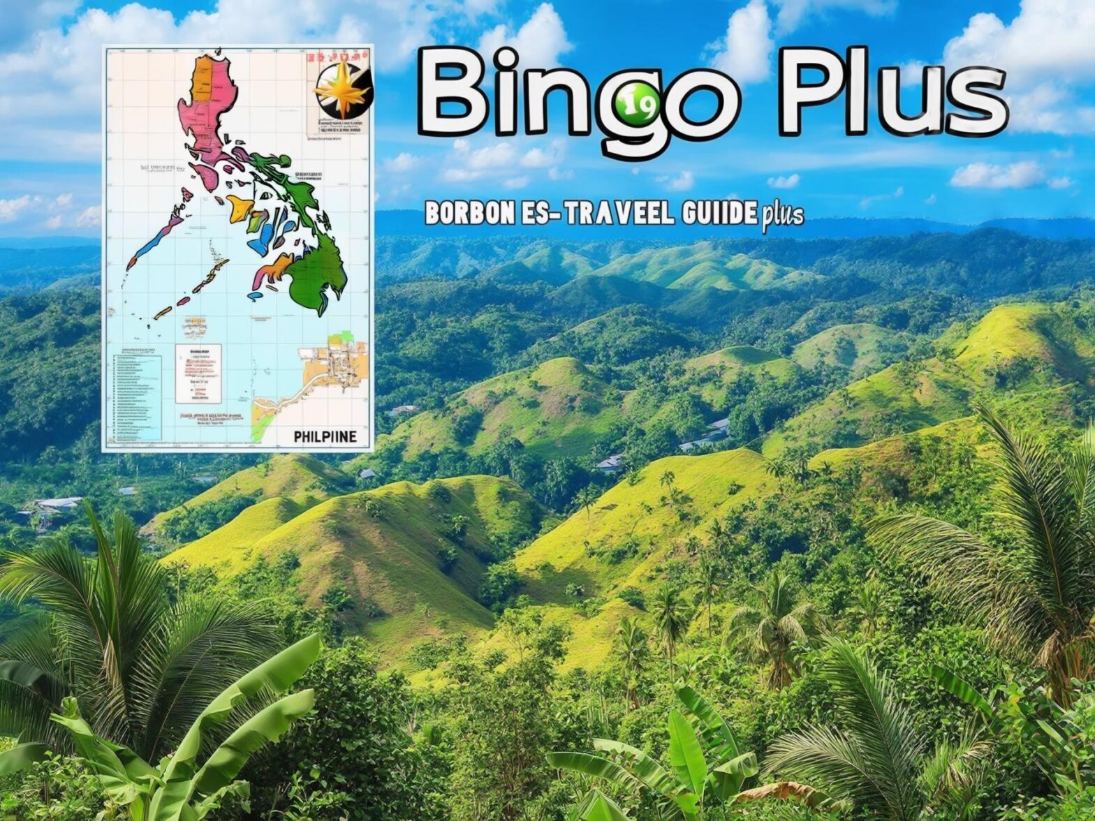 Breathtaking landscape of green Philippine hills with a map and Bingo Plus travel guide overlay.