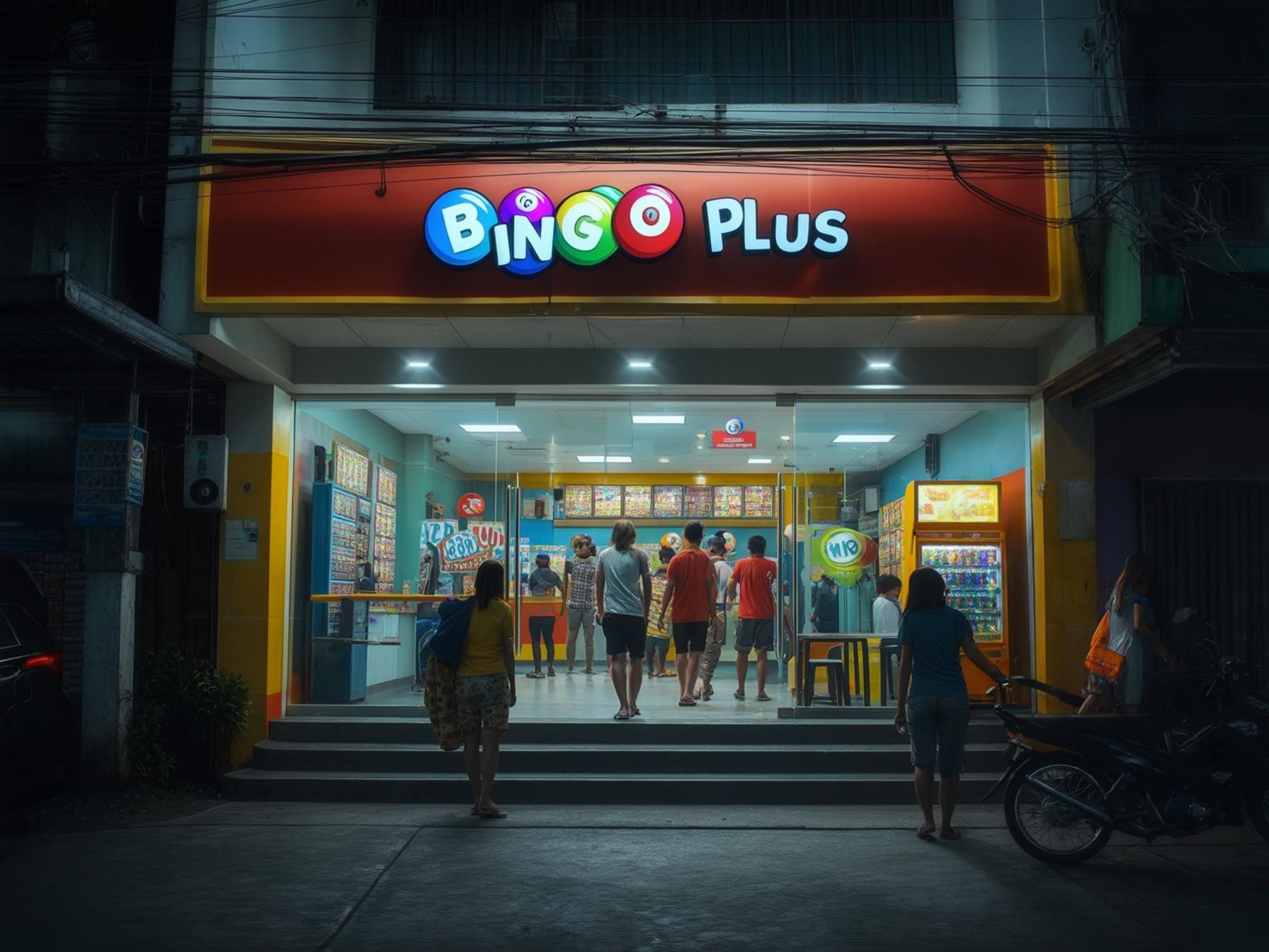 Customers entering a brightly lit Bingo Plus shop at night, with colorful signage and interior visible.