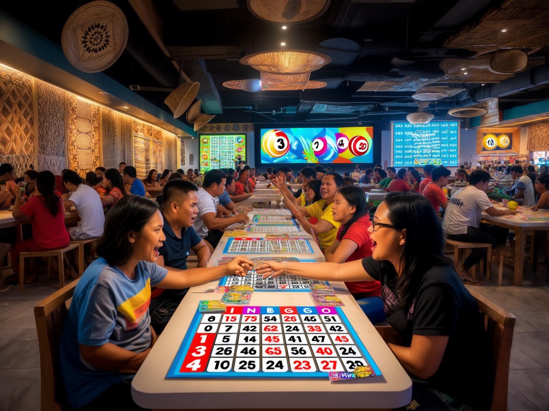 A lively bingo hall filled with players seated at tables focused on their bingo cards, colorful screens displaying numbers.