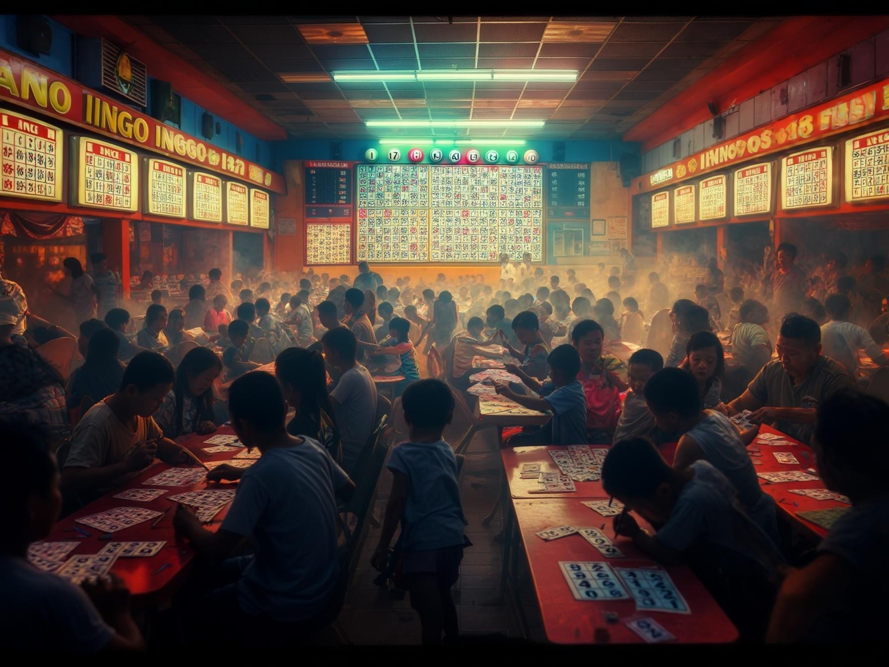 A crowded bingo hall with players of all ages focusing on their cards under warm lighting and a smoky atmosphere.
