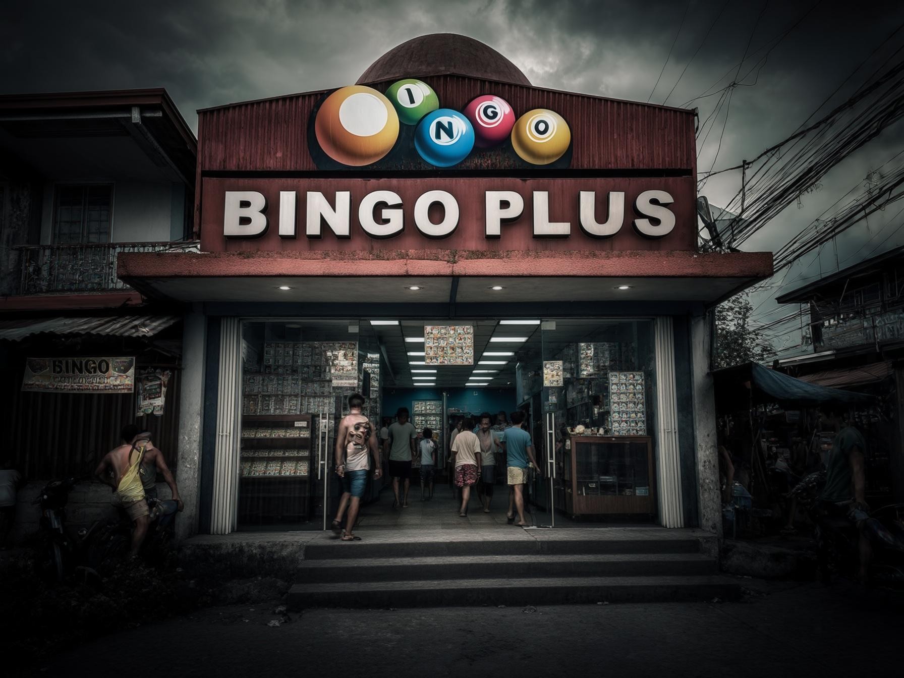 Bingo hall exterior with people entering, evening atmosphere, red signage, dim-lit surroundings, crowded entrance.