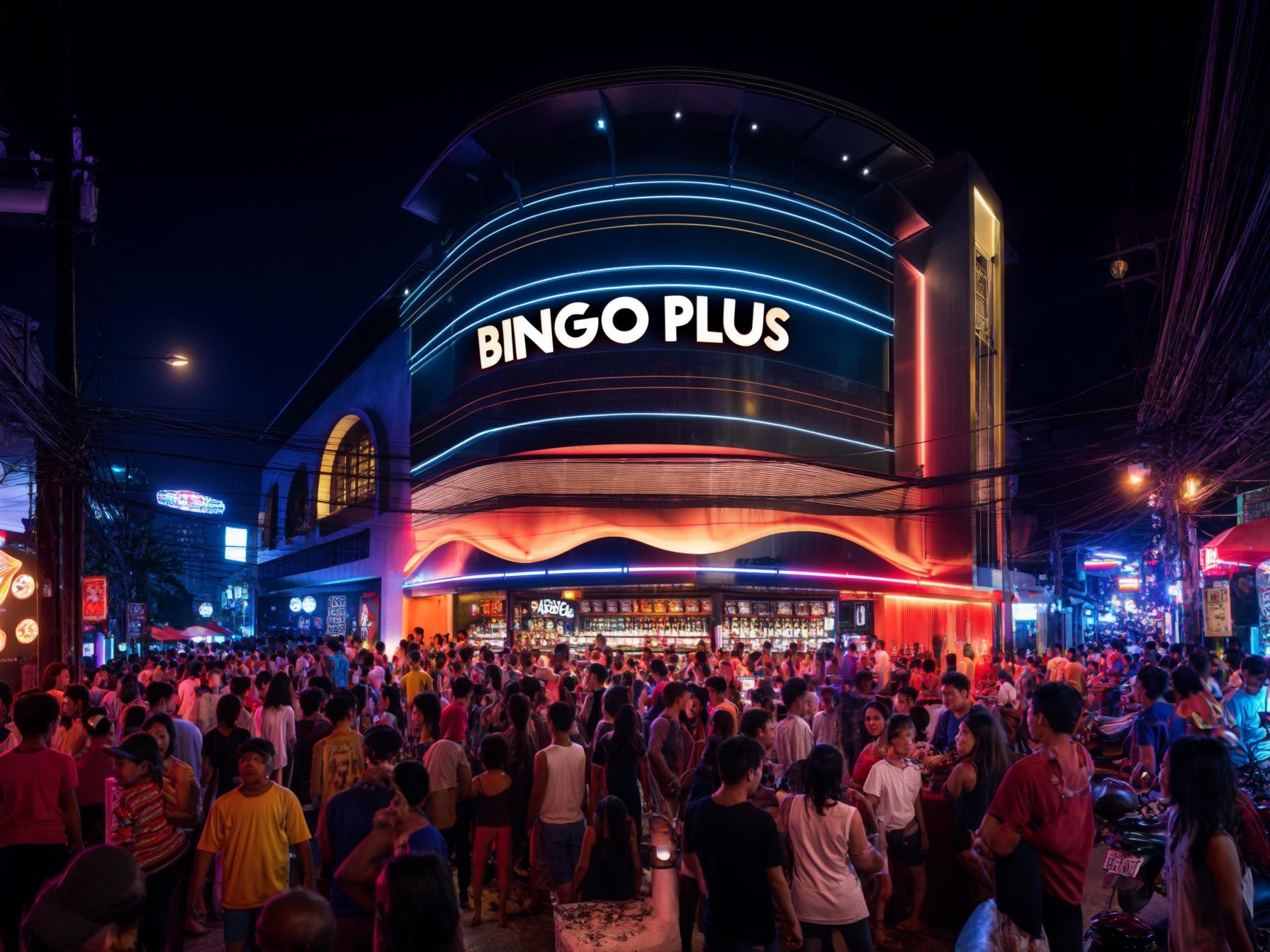 Crowd outside Bingo Plus building at night, vibrant neon lights, bustling street scene.